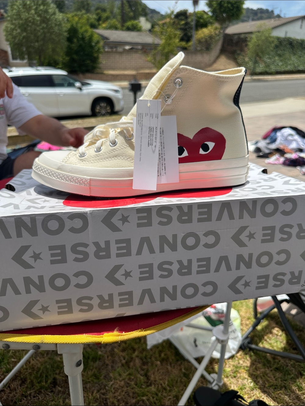 Converse Cream High-Top Sneakers with Red Heart Graphic